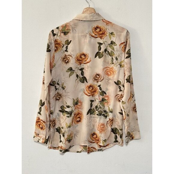 Joan Vass Nude Sheer Floral Rose Print Button Up Blouse‎ - Picture 4 of 6